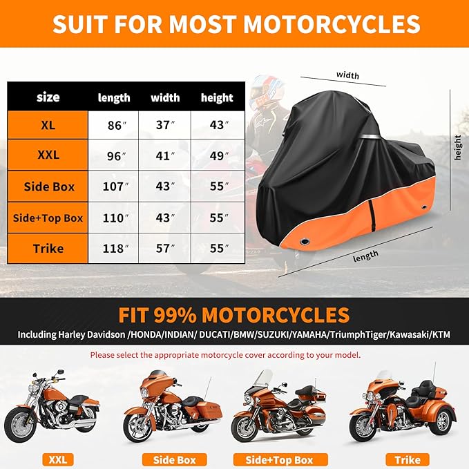 Motorcycle Cover 420D Heavy Duty All-Season Weatherproof Outdoor Protective Cover, Featuring Ventilation Holes & Night Reflective, 96" XXL Vehicle Cover/Black Orange