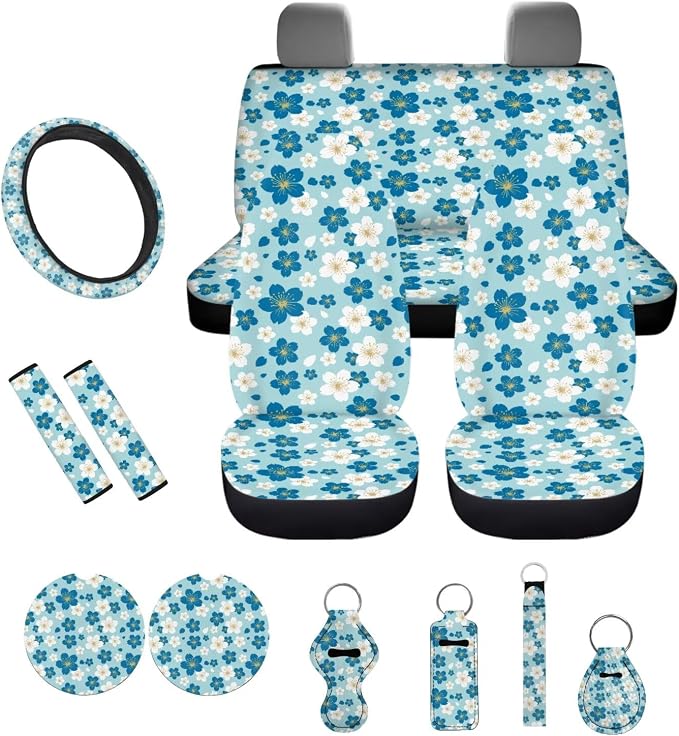 White Blue Cherry Blossom Pattern Car Accessories Car Seat Covers Full Set with Steering Wheel Covers+Seat Belt Pads+Coasters+Keychain+Lipstick Holder Universal Fit(13 Pack)