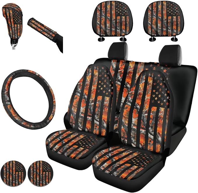 KEIAHUAN Car Seat Covers Front Back Includes Handbrake Gear Shift Knob Cover Steering Wheel Cover Headrest Cover Car Cup Coasters Auto Interior Accessories(Camo Hunting American Flag)