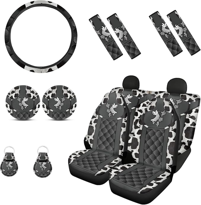 Howilath Sliver Cows Print 13 Pieces Auto Accessories Set Car Seat Covers Full Set,Steering Wheel Covers,Seat Belt Shoulder Pads,Keychains,Coasters,Universal Fit for Most Cars Trucks Suvs