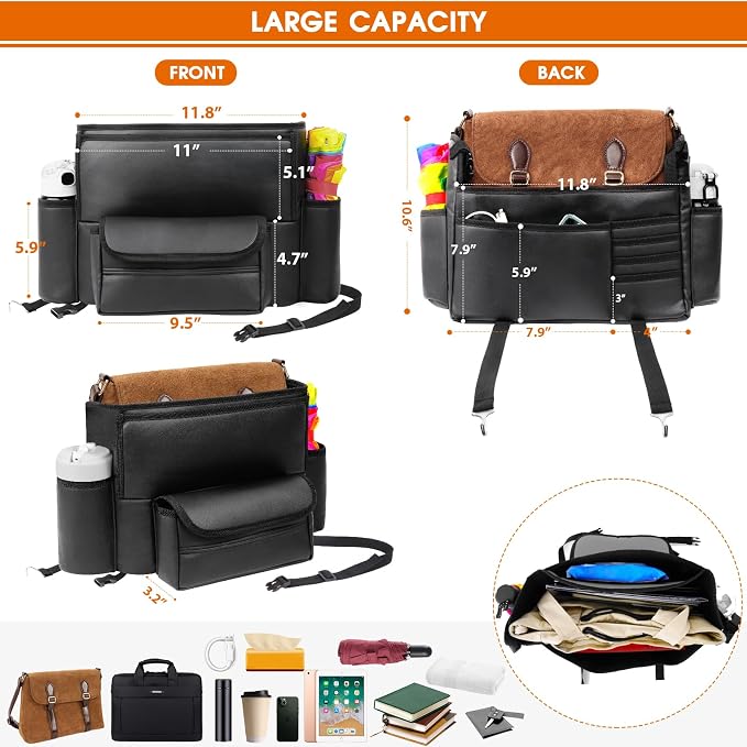 E EASTSTORM Car Purse Holder Between Seats, Car Seat Purse Handbag Holder, Automotive Consoles Organizers Storage Barrier Car Interior Accessories, Leather Large Capacity (Black)