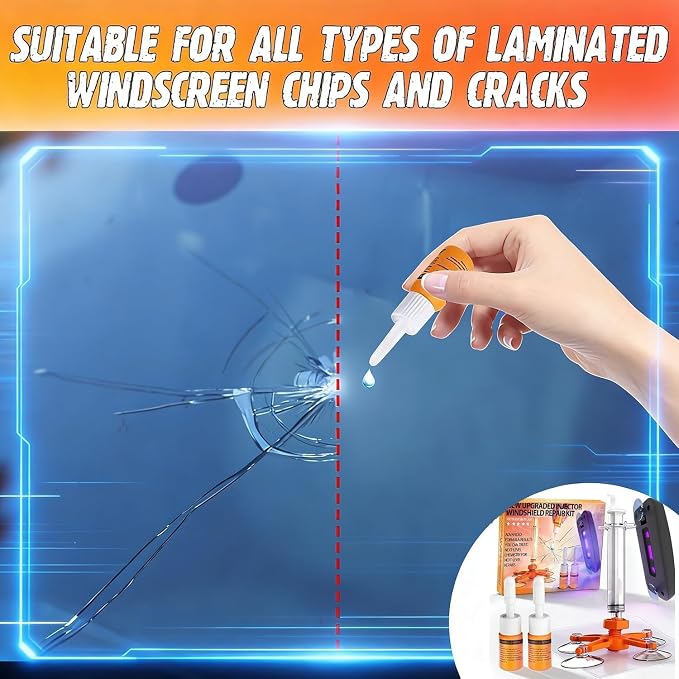 Windshield Chip Repair Kit, 2 PCS Windshield Crack Repair Kit with Suction Cup Curing Light, Car Automotive Nano Fluid Vehicle Windscreen Tool, Glass Repair Kit for Chips and Cracks, Bulls-Eye（Sunset）
