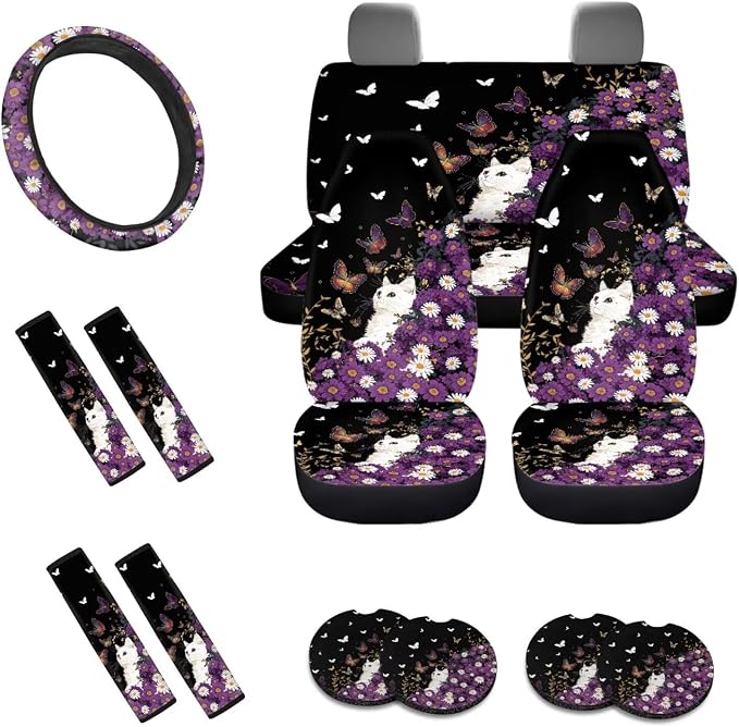 Cat Daisy Butterfly Print Auto Seat Covers Full Set, Car Accessories Set of 13, 1 Piece Steering Wheel Cover,4 Pieces Seat Belt Cover, 4 Pieces Cup Holder Coasters for Women Men