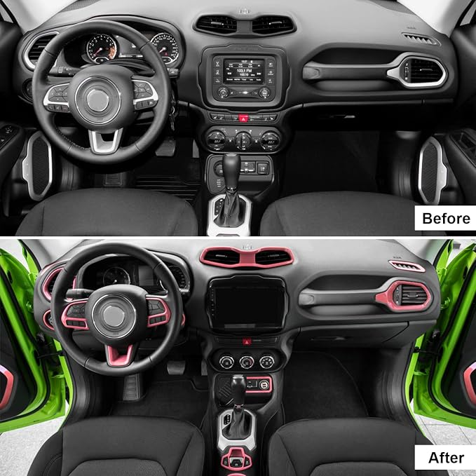 CheroCar 31 PCS Full Set Interior Decoration Trim Kit Steering Button Cover Door Handle Cover Air Outlet Cover Cup Holder Gear Cover Trim Door Speaker Cover for Jeep Renegade 2016-2018,Pink…