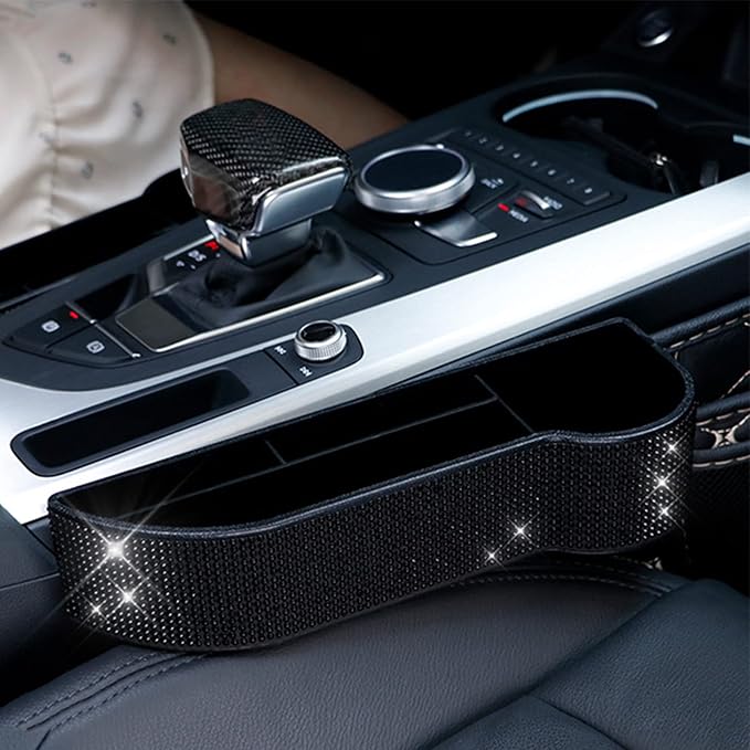 Bling Bling Car Seat Organizer Front Seat Gap Filler with Crystal Rhinestones Diamond, PU Leather Car Seat Console Storage Organizer for Car Accessories (2 Pack Black)