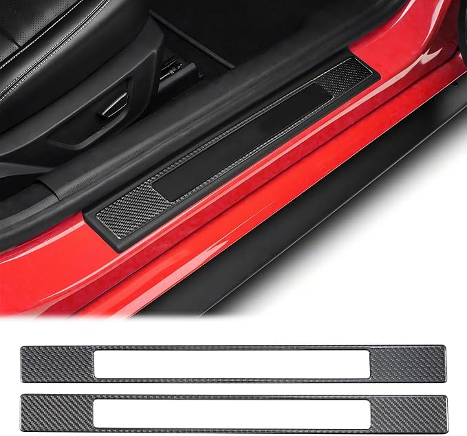 Real Carbon Fiber Door Sill Protectors Compatible with Ford Mustang 2015-2023, Interior Door Sill Guards & Edge Scratch Shields