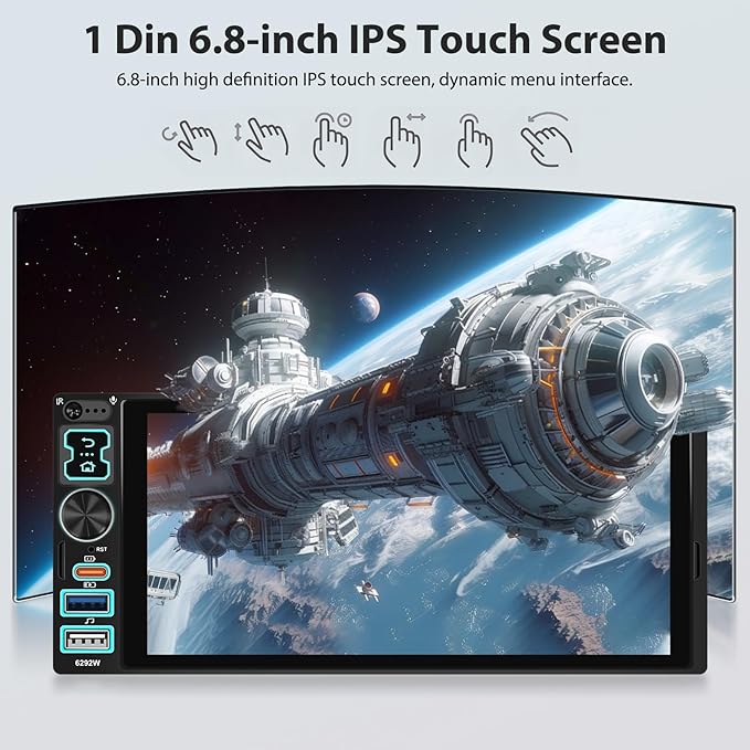 6.8" CarPlay & Android Auto Single Din Car Stereo HD Touch Screen FM Audio Receiver with Bluetooth Handsfree Mirror Link Voice Control Backup Camera/Steering Wheel Control/USB/TF/AUX/MIC