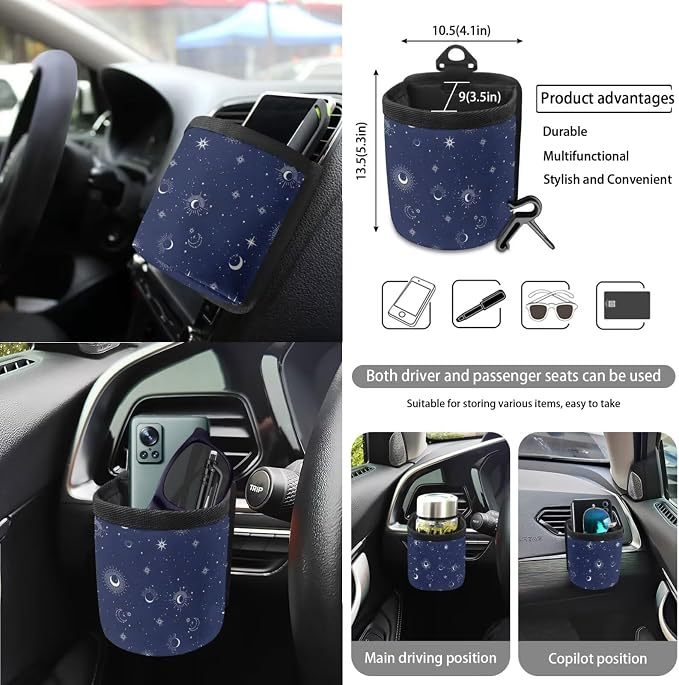 Wanyint Sun Moon Star Car Seat Covers Front Rear Split Bench Full Set Steering Wheel Cover Seat Belt Pads Coasters Trash Bin Hanging Storage Bag Cup Holders Rearview Mirror Cover Key Ring, 15 PCS