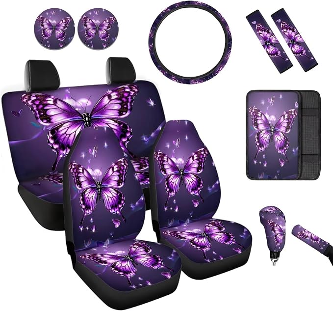 BIGCARJOB Butterfly Print Car Seat Cover Set of 12 Pieces Purple Butterfly Car Accessories Set with Seat Belt Cover,Armrest Pads,Cup Holder Coaster,Universal Steering Wheel Covers