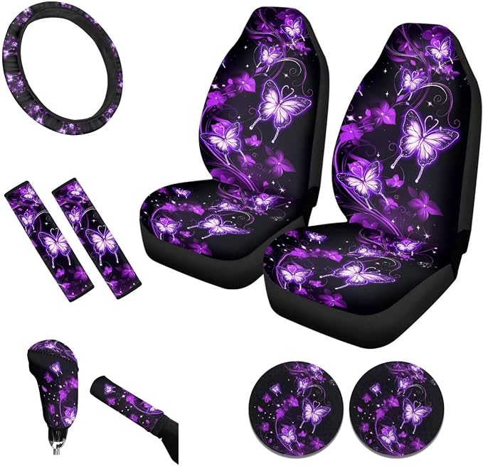 Tupalatus Purple Butterflies Car Seat Covers Full Set of 9 Steering Wheel Cover Seat Belt Pads Cover Cup Holder Coasters Gear Shift Hoodie Handbrake Cover for Cars Trucks and SUVs
