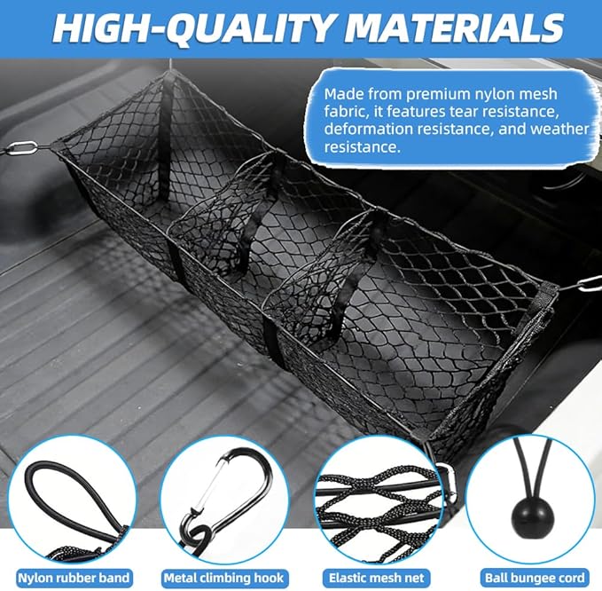 3 Pocket Truck Bed Cargo Net, Heavy Duty Truck Bed Storage Organizer with Super-Stretch Elastic,Universal Cargo Netting for Pickup Trucks SUV RV – Fits Ford F-150 Toyota Tacoma Chevrolet Silverado
