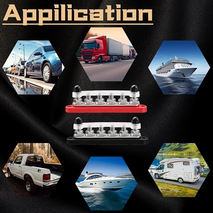 350A 12V-48V Bus Bar Marine Power Distribution Block with Cover with 6 x 3/8”Post,Battery Bus Bar (Pair,Red & Black),Automotive Busbars 12 Volt for Car Boat Solar Wiring