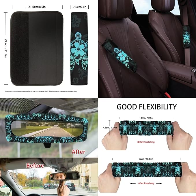 Suobstales Turtle Hibiscus Flower Print Car Accessories Car Seats Cover Protector, Steering Wheel Covers, Seatbelt Cover, Car Trash Can, Cup Coasters, Rearview Mirror Cover, Keychains, Pack of 13