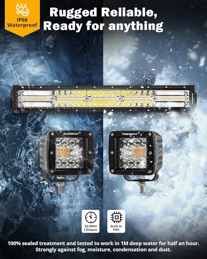 Auxbeam 22-Inch LED Light Bar & 3-Inch Cube LED Pods Combo Set 3-Pack | 6 lighting modes series, Amber white dual-color strobe lights, Spot flood combo beam, Flashing offroad fog lights