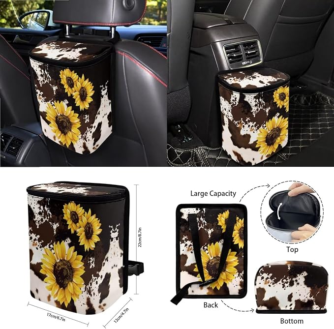 Wanyint Sunflower Brown Cow Print 15 PCS Car Seat Cover Full Set, with Steering Wheel Cover Seat Belt Pad Cover Trash Bin Rear View Mirror Cover Cup Holders Keychain Air Vent Storage Holder Car Decor