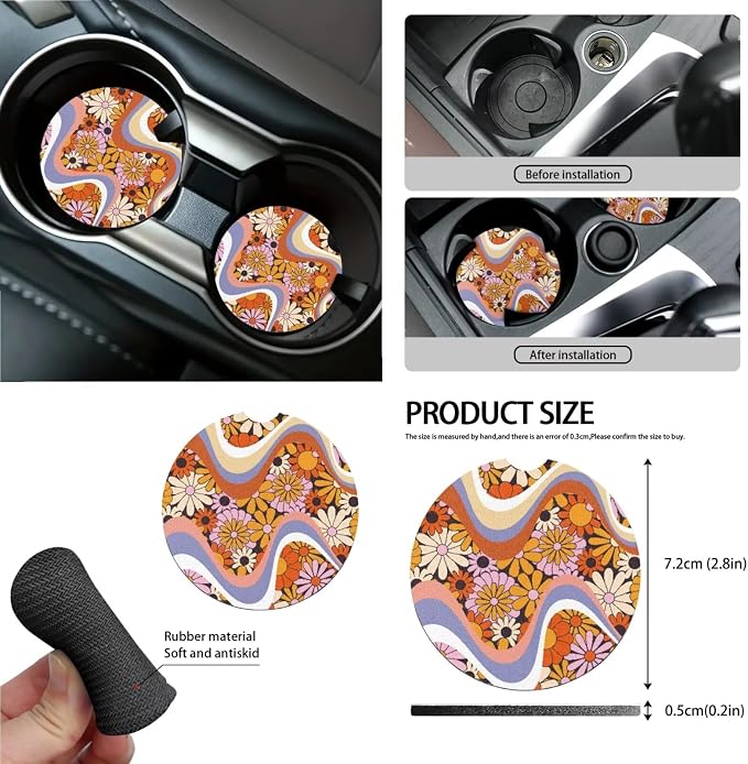 80s 90s Groovy Hippie Daisy Print Car 15pcs Accessories, Front and Back Seat Covers for Cars Steering Wheel Cushion Seat Belt Pad Trash Can Coasters Universal Fit