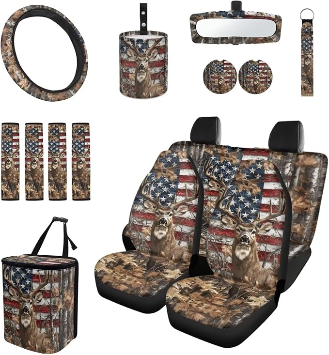 15 Pcs American Flag Deer Car Seat Covers Full Set for Women Cute Car Accessories Interior Car Steering Wheel Cover Seatbelt Covers Trash Bin Rear View Mirror Cover Cup Holders Keychain