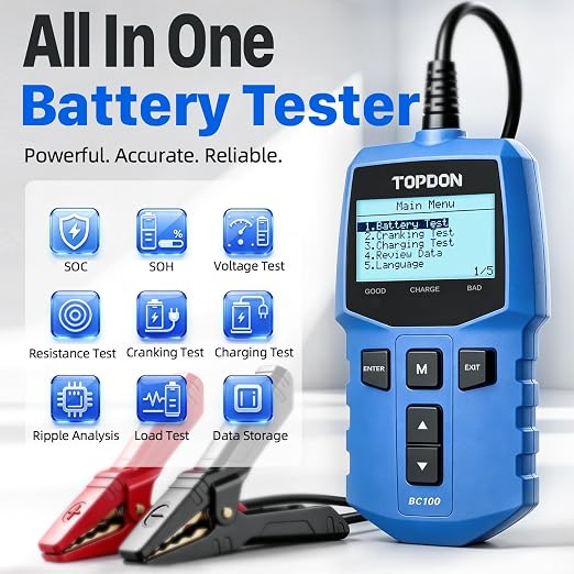 TOPDON BC100 Car Battery Tester 12V Automotive Battery Analyzer for Technicians & DIYers, 100-2000 CCA Digital Battery Load Tester, Fits Car, Truck, Motorcycle, ATV, SUV, Boat, Yacht, Golf Cart