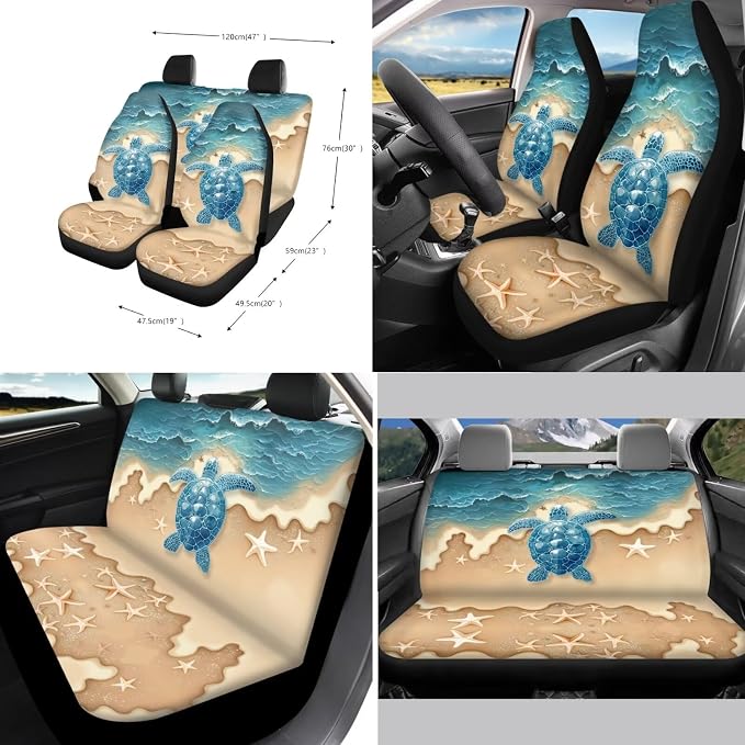 Suobstales Beach Turtle Starfish Print Car Accessories Car Seat Covers for Women Full Set with Steering Wheel Cover + Seat Belt Covers Shoulder Pads + Coasters + Keychains Interior Cover Set of 11