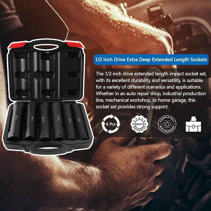 1/2 Inch Drive Extended Length Impact Socket Set - Ryansunoro 1/2 Impact Socket Set with 6 Sizes 3/4", 7/8", 15/16", 1-1/16”, 1-1/8", 1-1/4" Extra Deep Socket Set Kit, Mechanical Equipment Maintenance