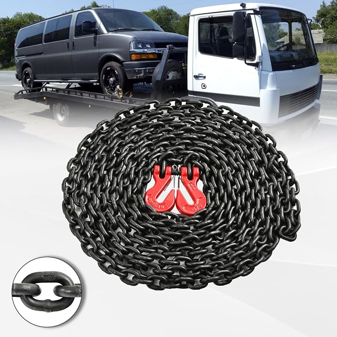 Heavy Duty G80 Transport Binder Chain 1/4'' Inch x 20 Feet,Tow Chain with G70 Clevis Grab Hooks,3300 lbs Safe Working Load Logging for Transporting, Towing(1/4'' x 20FT Black).