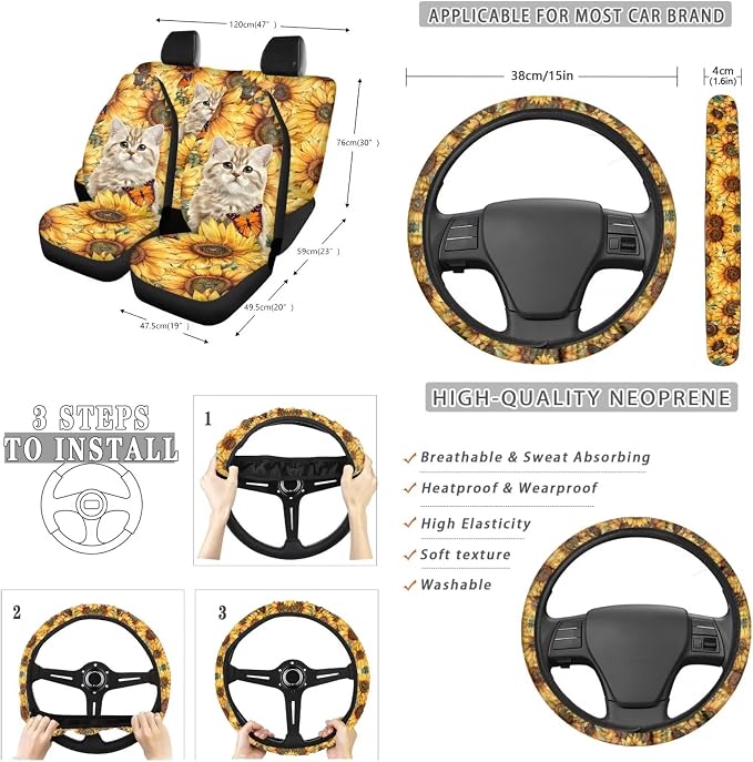 Suobstales Cat Sunflower Butterfly Print Car Seat Covers Set with Seat Belt Cover, Trash Can & More - 13 Pack