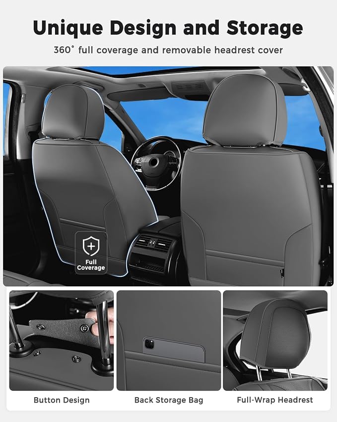 Huidasource Gray Seat Covers Luxury Nappa Leather, Car Seat Cover with Velcro Adjustable, Airbag, Lumbar Support, Cooling and Heating, Seat Covers for Universal Fit for Most Cars SUV Trucks, Gray