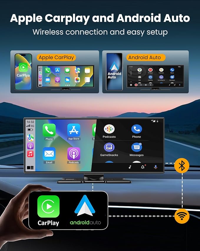 11.5" Largest Wireless Carplay Screen for Car, Portable A pple Carplay & Android Auto Touch Screen, 4K Dash Cam/App Control/1080p Backup Camera/Mirror Link/Voice Control/GPS/Bluetooth,for All Vehicles