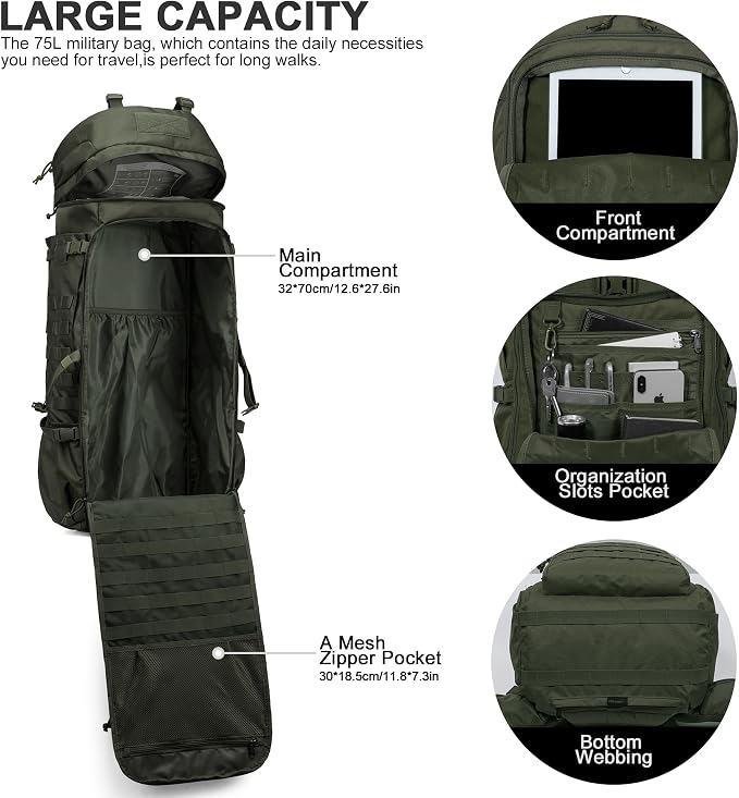 Mardingtop 75L Molle Hiking Internal Frame Backpacks with Rain Cover for Camping,Backpacking,Travelling(Ranger Green)