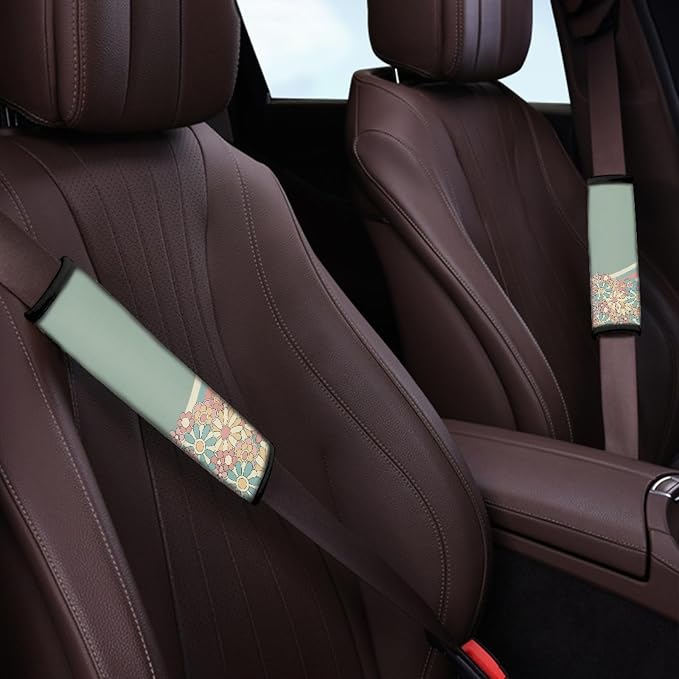 Abstract 70S Groovy Flower Auto Seat Cover Full Set for Women,12 Pack Green Swirl Wavy Auto Front Back Seat Cushion Protective Accessory with Coaster Keyring Steering Wheel Cover Armrest Pad