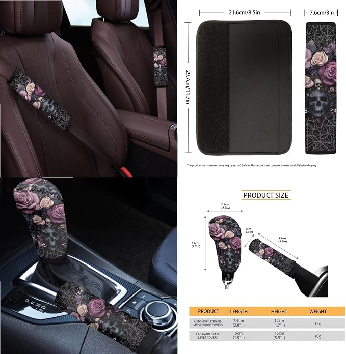 Rose Skull Print Full Set Car Seat Covers with Accessories Includes Steering Wheel Cover Center Console Pad Safety Belt Pads Inside Rearview Mirror Cover Garbage Bag Coasters