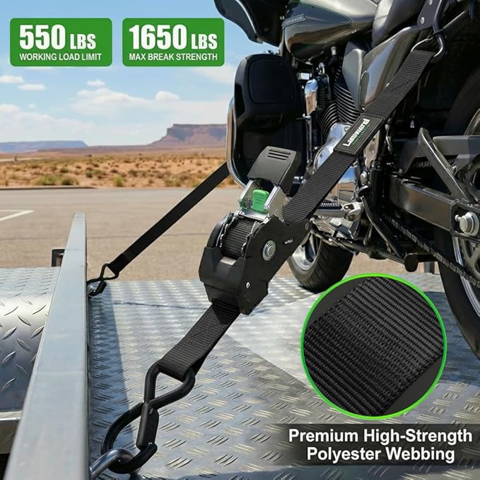 Retractable Ratchet Straps (4-Pack) - 1 Inch x 10 Feet (1,650lb Break Strength) - Heavy Duty Auto Self Retracting Tie Down Straps for Motorcycle, ATV, UTV, Truck, Cargo Trailer - Black