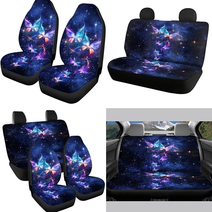 Galaxy Butterfly Car Seat Covers Full Set 12Pcs Purple Butterflies Auto Seat Cover Front Rear Seats Protection,Butterfly Steering Wheel Cover Keychain Armrest Pads for Women Interior Sets