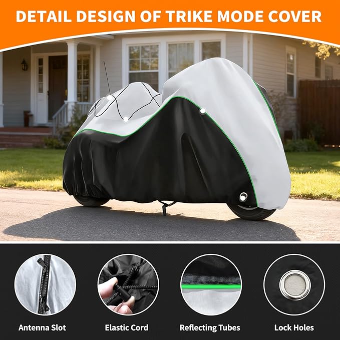 COVERVIN Trike Cover Waterproof, Heavy Duty 3 Wheel Motorcycle Cover for Harley Honda Goldwing Freewheeler Tri Glide Ultra, with Antenna Zipper, Windproof Buckles & Reflective Strips (Black&Silver)