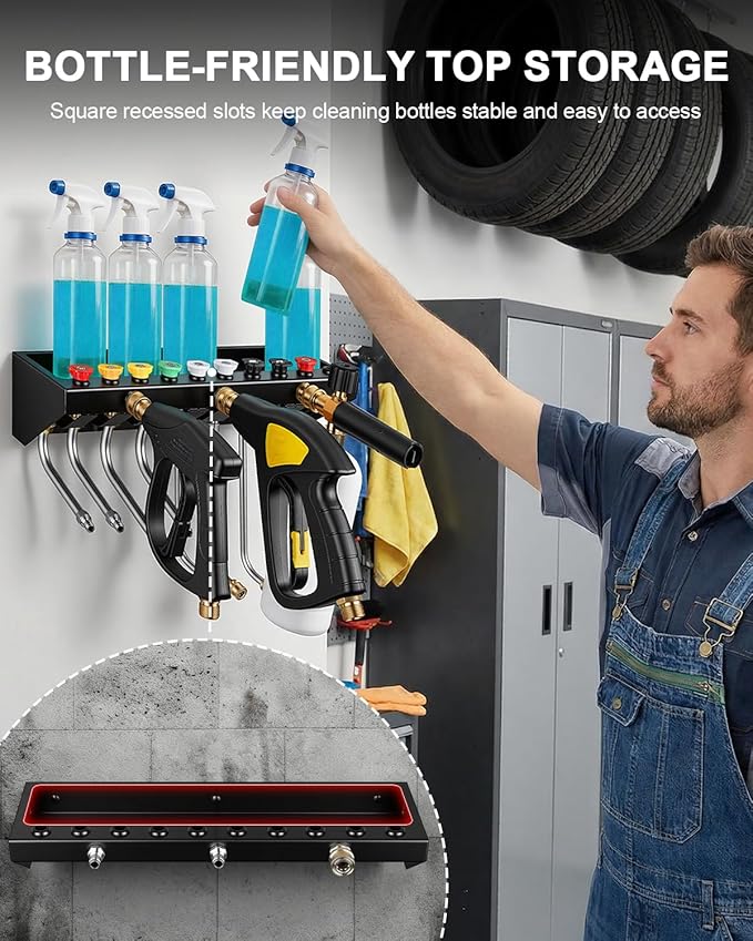 Pressure Washer Gun Holder with 1/4 Inch Quick Connector, Wall Mount Organizer for Foam Cannon, Nozzles and Extension Wands