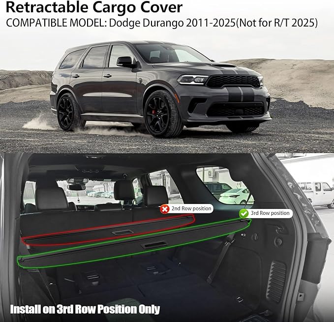 Cargo Cover for Dodge Durango 2025, Retractable Cargo Cover for Dodge Durango 2011-2025 (Not fits 2025 R/T) Trunk Cover for 2025 Dodge Durango Accessories (Install on 3rd Row Position)
