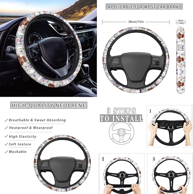 Wanyint Car Seat Cover Full Set 12 PCS, with Steering Wheel Seat Belt Cover Armrest Pad Coasters Handbrake Gear Shift Knob Set Auto Accessories Decor, Highland Cow Floral Violet