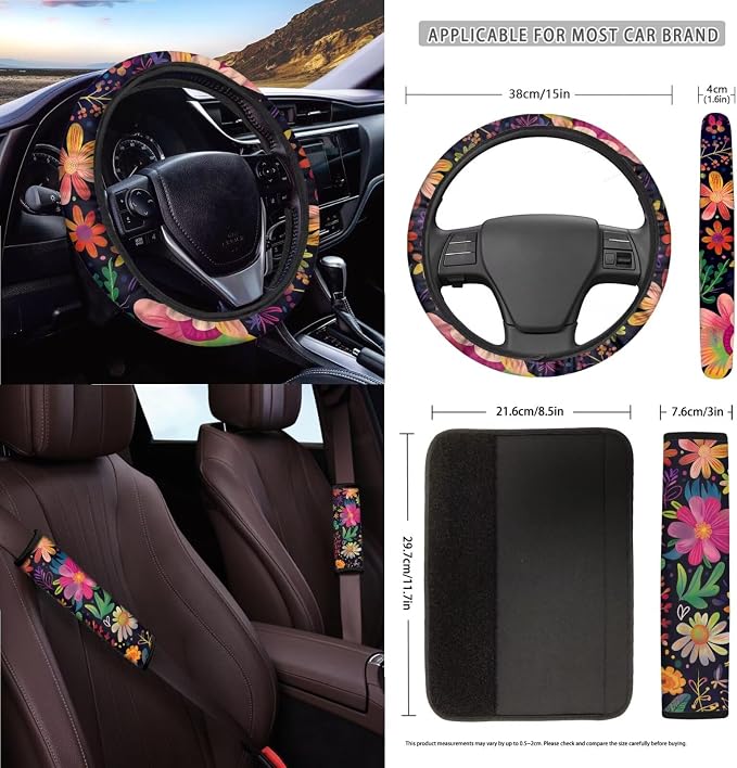 Flower Print Car Accessories Seat Covers Full Set of 15, Soft Comfy Front and Rear Seat Cover with Safety Belt Pads Steering Wheel Cover Trash Can Car Air Vent Organizer