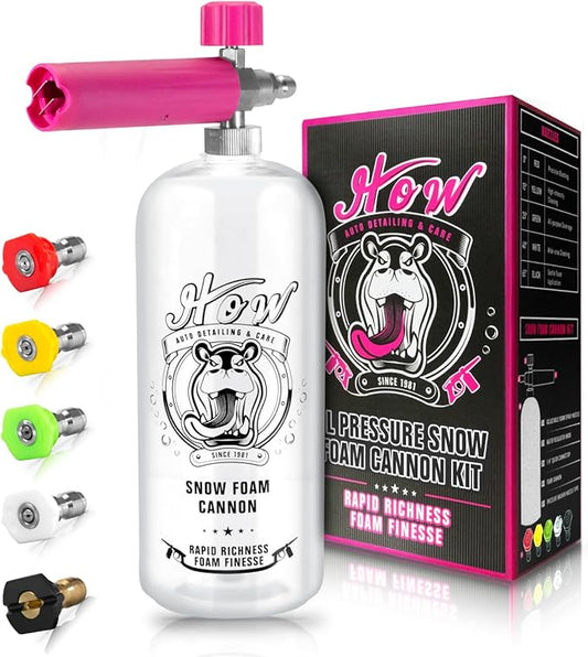 H.O.W Detailing 1L Snow Foam Cannon, Car Foam Sprayer for Pressure Washer with 5 Nozzle Tips, 1/4'' Quick Connector & Adjustable Spray Nozzle