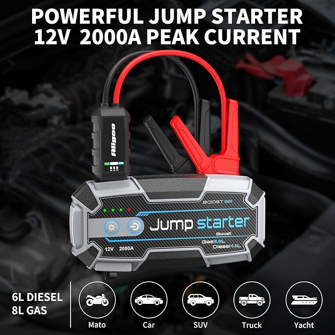Car Battery Jump Starter 2000A with USB C 100W Fast Charge IP67 Waterproof Battery Jumper Starter Portable for Car Emergency Magnetic Hook Led Lights Outdoor Camping Traveler Boat SUV Truck