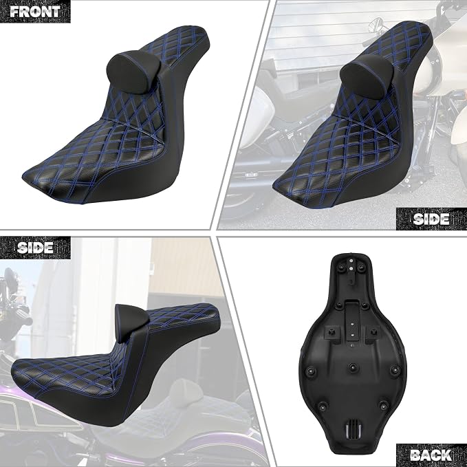 Motorcycle Seat Driver Passenger Seat with Backrests for Harley Low Rider Low Rider S ST 2018-up (Black with blue stitching)