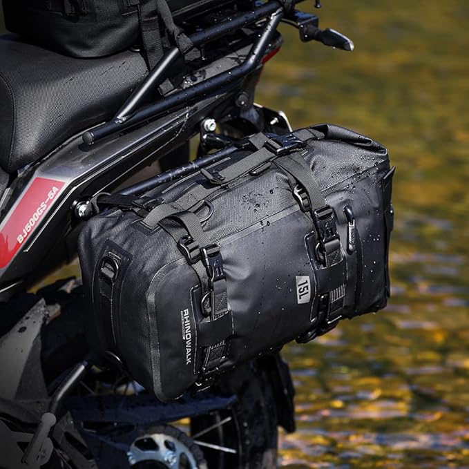Rhinowalk Motorcycle Tail Bag Motorbike Side Bag 15L Full Waterproof Motor Saddle Pannier Bag Rear Rack Trunk Professional Motor Accessories-Black