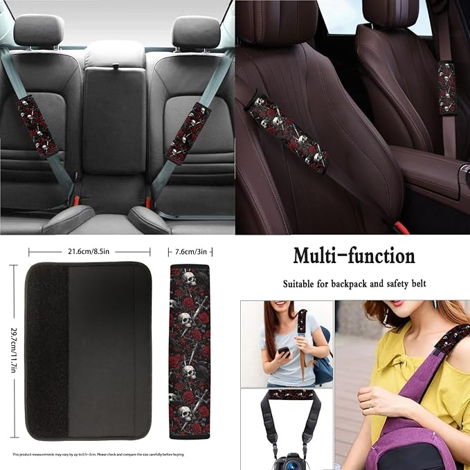 Xoenoiee Skull Crow Red Roses Print Car Seat Covers and Accessories, Front Rear Seat Covers, Steering Wheel Cover, Seat Belt Pads, Coasters, Keychains for Car SUV Decor, 11 PCS Set