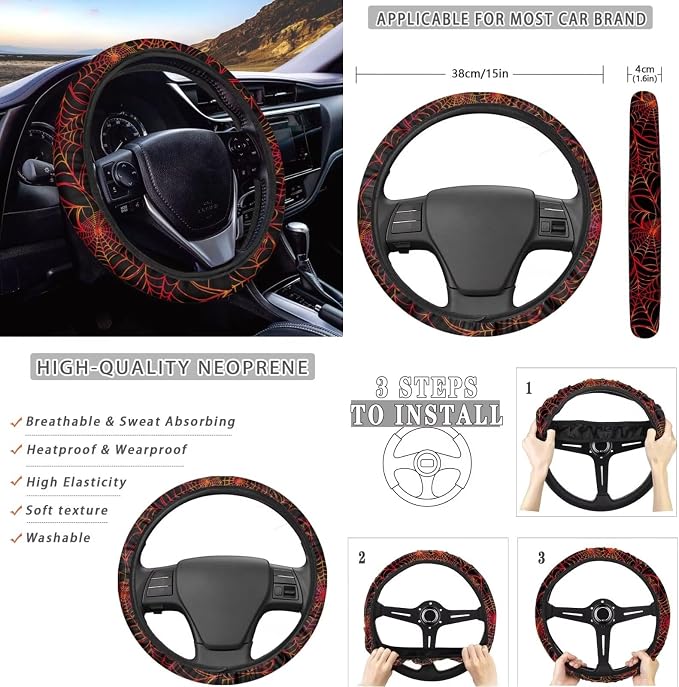 KEIAHUAN Halloween Spider Web Car Seat Cover Full Set for Men with Handbrake Gear Shift Knob Covers Steering Wheel Cover Head Rest Cover Car Coaster Universal Fit for Cars, Sedan, Trucks Car Accessory