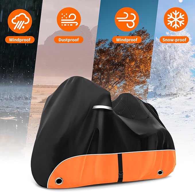 Trike Cover, 420D Outdoor Waterproof Three Wheeler Cover with Ventilation Holes and Reflective Strips, Suitable for Trike Models Freewheeler, CVO Version, Tri Glide, Chieftain, Goldwing Orange