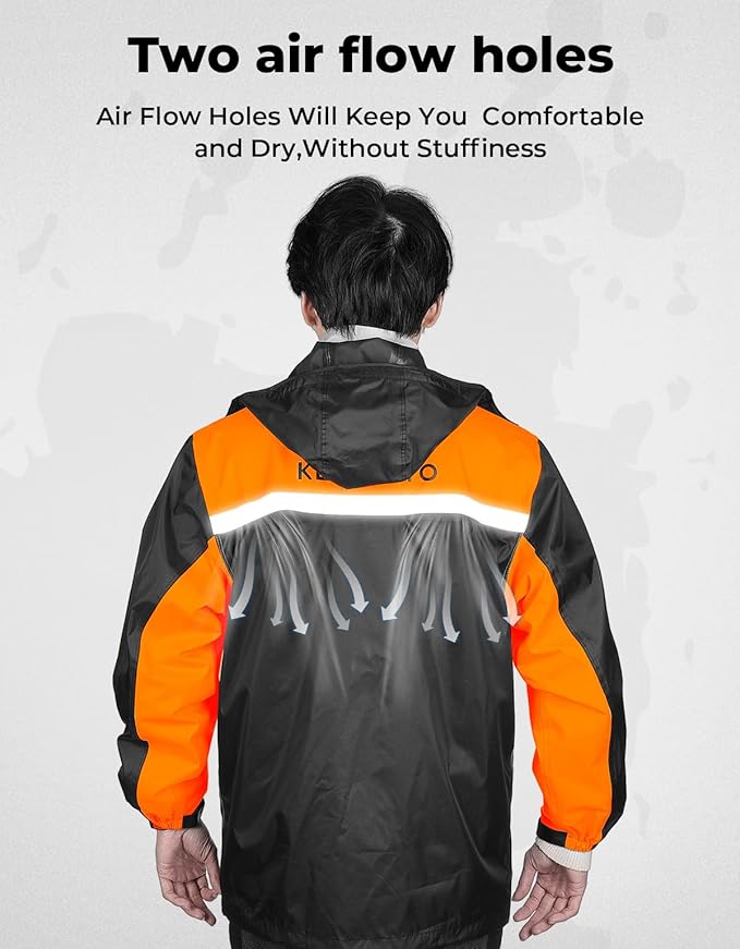 KEMIMOTO Rain Suit for Men, Motorcycle Rain Gear Waterproof Protective Rain Coat with Pants 2 Pieces Rainsuit Breathable Outdoor Fashion Orange L