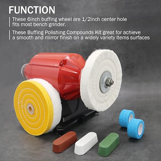 SCOTTCHEN 6inch Buffing Polishing Wheels 1/2" Arbor Hole,Soft/Fine/Medium for Bench Grinder-3PCS,with Buffing Polishing Cutting Compounds 7.4 Oz.Kit,with 2 Pack Non-Woven Bandage