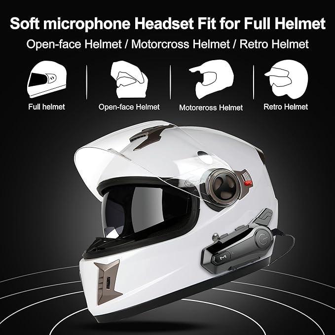 Motorcycle Helmet Intercom Headset E1 with CVC Noise Cancellation Stereo Music IPX6 Waterproof for Full Face Helmet 2 Pack
