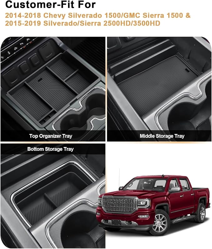 ECOZEN 3 Pcs Center Console Organizer Set For 2014-2018 Silverado/Sierra 1500 & 2015-2019 Silverado/Sierra 2500HD/3500HD Interior Accessories - Full Console w/Bucket Seat ONLY