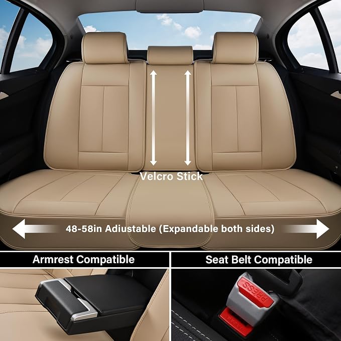 Coverado Car Seat Covers Full Set, Beige Waterproof Nappa Leather Seat Cushion & Seat Protector, Universal Automotive Seat Covers for Front and Rear Seats, Compatible with Most Cars SUV Trucks